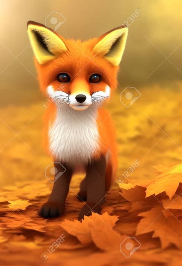 Ilustracja przedstawiająca szczeniaka lisa jesienią. renderowania 3D.