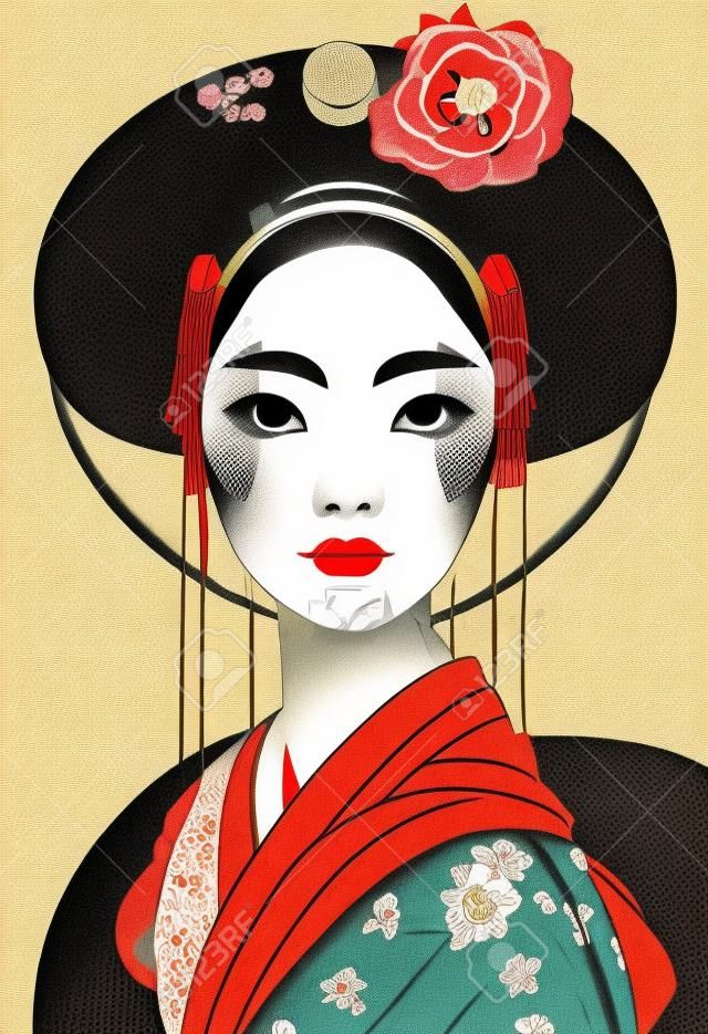 Illustrative drawing of a geisha. 1950s poster style.