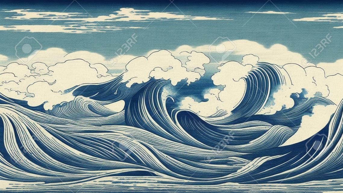 Illustration japonaise des grandes vagues de l'océan comme fond d'écran (style de katsushika hokusai)