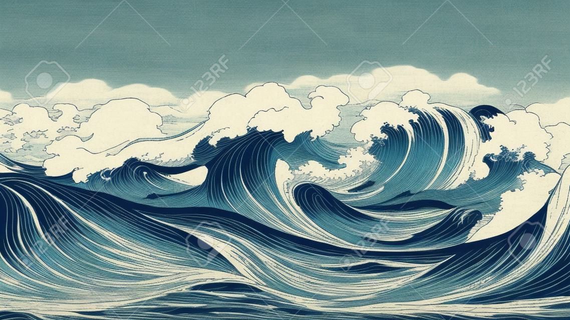 Japanese illustration of great ocean waves as wallpaper (Style by Katsushika Hokusai)