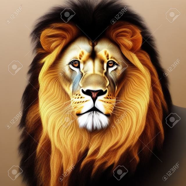 Illustrazione realistica di un leone in formato verticale, dettagli squisiti. sfondo nero. rappresentazione 3d.