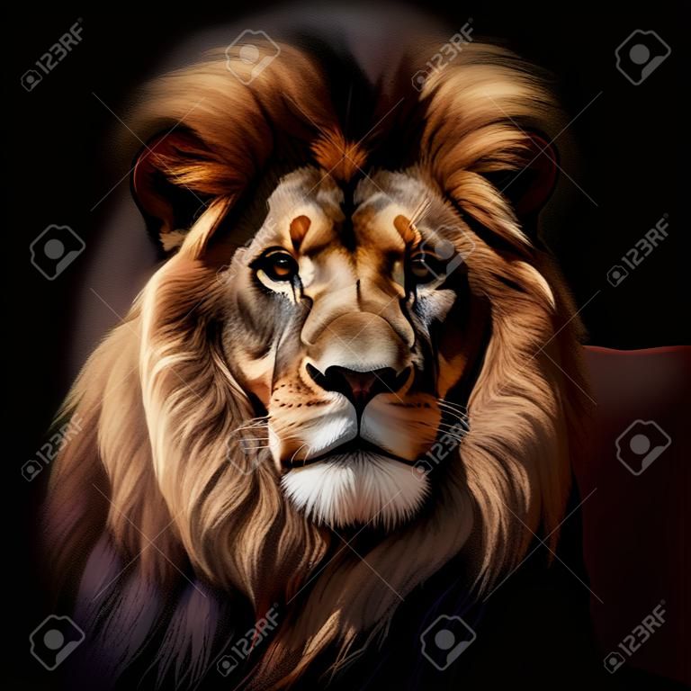 Illustrazione realistica di un leone in formato verticale, dettagli squisiti. sfondo nero. rappresentazione 3d.