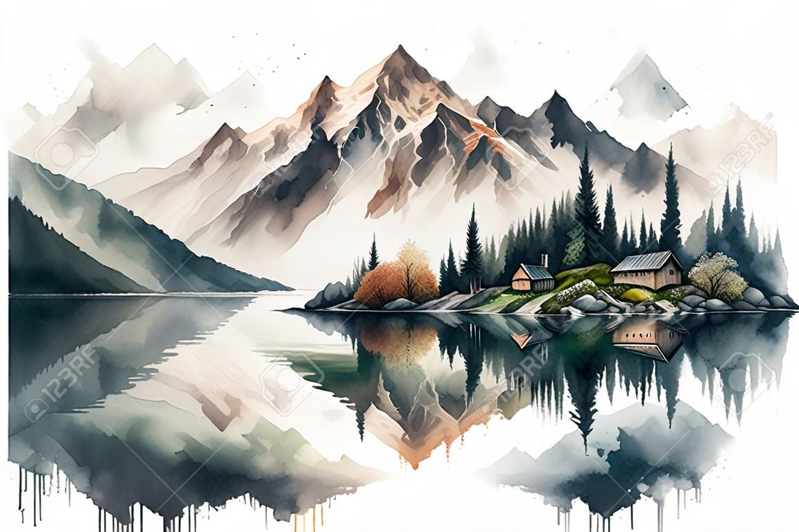 Illustrative drawing of high mountains with a lake in front. Watercolor style painting with white borders.