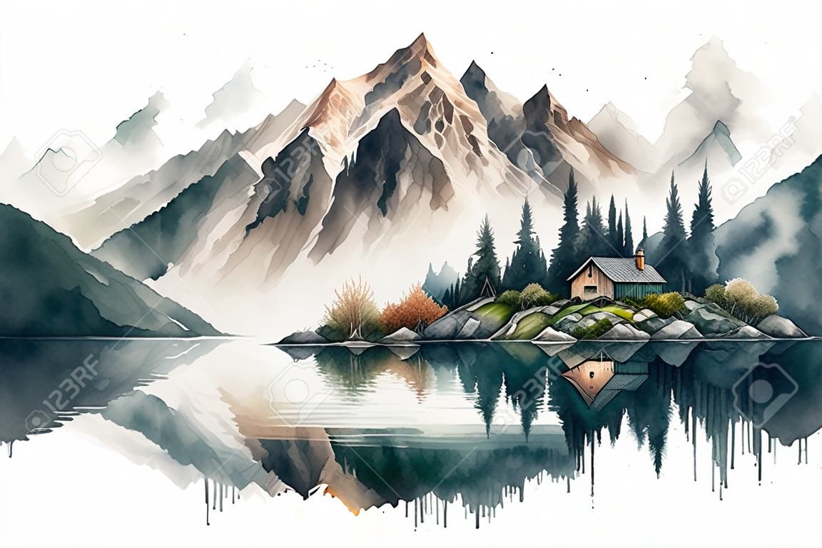 Illustrative drawing of high mountains with a lake in front. Watercolor style painting with white borders.