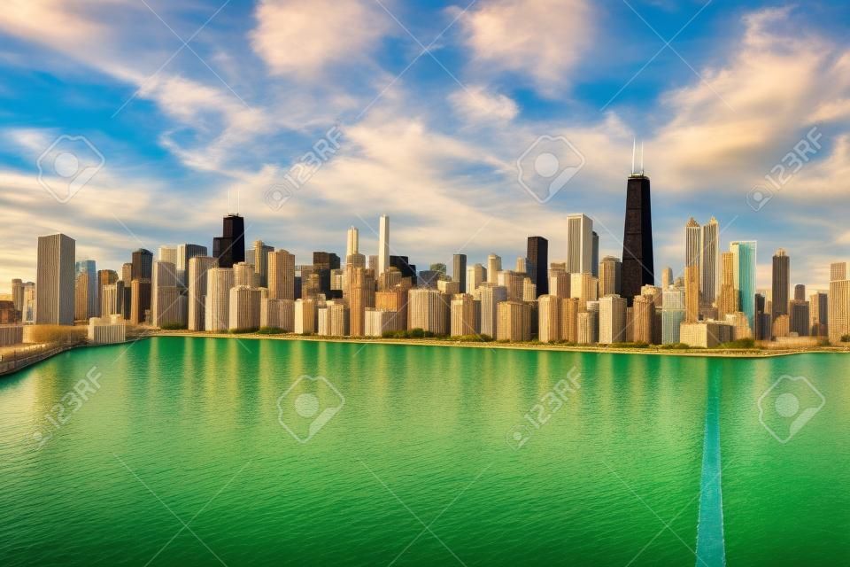 Chicago Skyline Aerial Skyscrapers. View ffrom the lake , vintage colors.