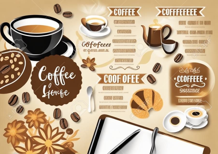 restaurante café vector de folletos, diseño de menú de cafetería. plantilla de café del vector con el gráfico dibujado a mano. volante de café.