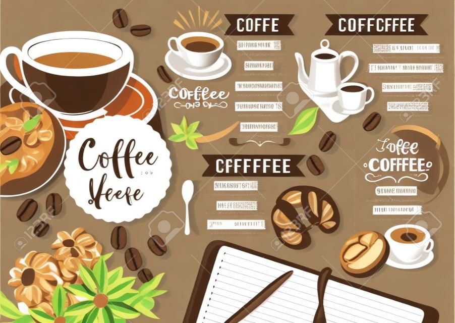 커피 레스토랑 안내 책자 벡터, 커피 숍 메뉴 디자인. 손으로 그린​​ 그래픽 벡터 카페 템플릿입니다. 커피 전단지.