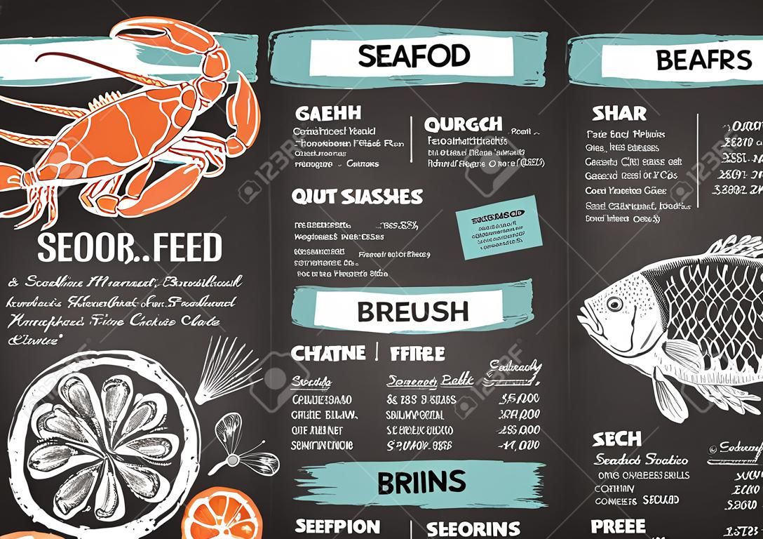 Brochure de restaurant de fruits de mer, conception de menus. Modèle de café Vector avec graphique dessiné à la main. Flyer alimentaire.
