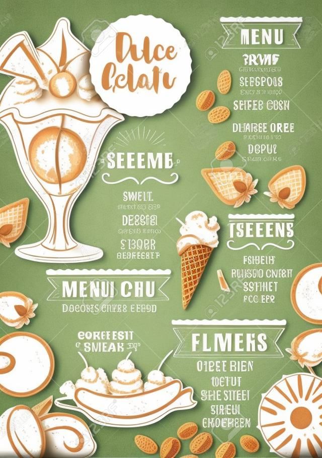 Ice cream menu placemat restaurant brochure, dessert template ontwerp. Vintage creatieve zoete template met de hand getekende grafische. Vector eten menu flyer. Gourmet menubord.