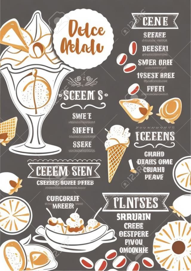 アイス クリーム メニュー マット食品レストラン パンフレット、デザート テンプレート デザイン。手描きのグラフィックとビンテージ創造的な甘いテンプレート。ベクトル食品メニュー チラシ。ぐるなびのメニュー ボード。
