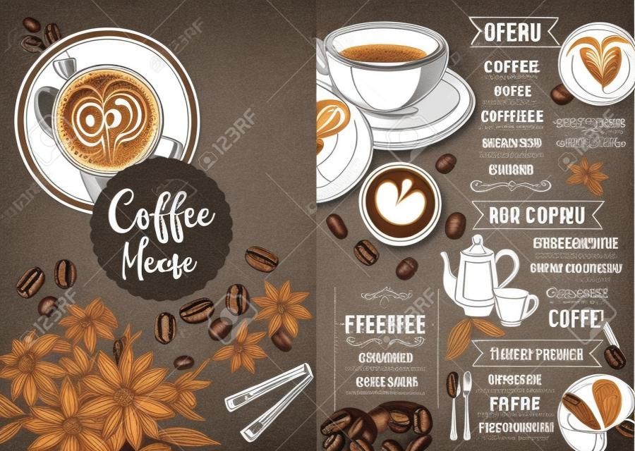 Kahve menü placemat yemek restoran broşürü, kahve dükkanı şablon tasarımı. elle çizilmiş grafik ile Vintage yaratıcı yemek şablonu. Vektör kahve menüsü broşürü. Gurme menü kurulu.