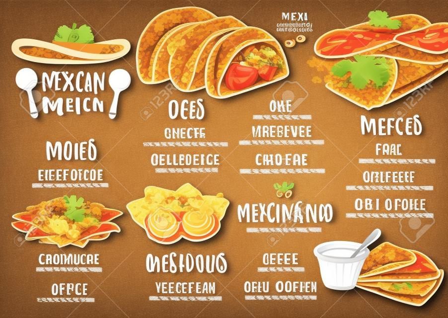 Mexican menu placemat food restaurant, menu template design. Vintage creative dinner brochure with hand-drawn graphic. Vector food menu flyer.