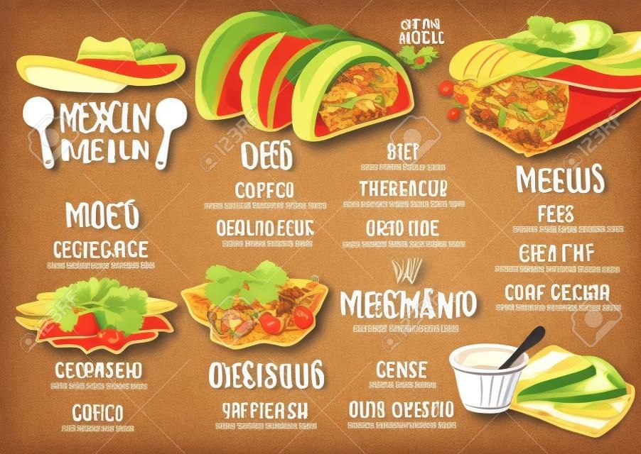 Meksika menüsü placemat food restoran, menü şablonu tasarımı. elle çizilmiş grafik ile Vintage yaratıcı yemek broşür. Vektör yemek menüsü broşürü.