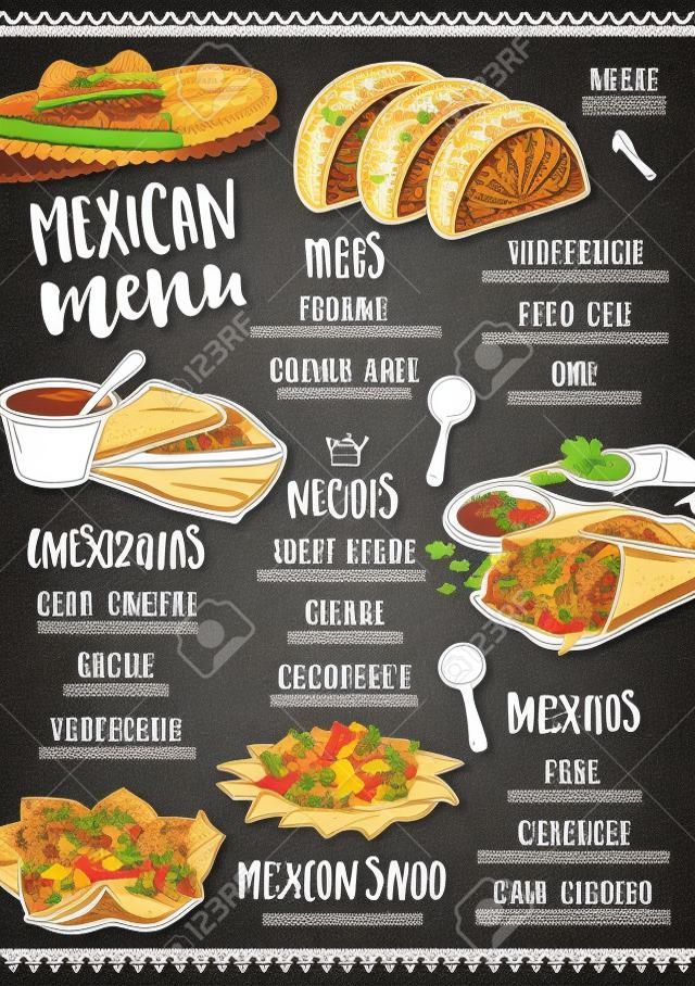 멕시코 메뉴 플레이스 음식 레스토랑, 메뉴 템플릿 디자인입니다. 손으로 그린​​ 그래픽 빈티지 창조적 인 저녁 식사 브로셔. 벡터 음식 메뉴 전단지.