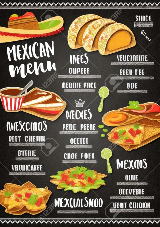 멕시코 메뉴 플레이스 음식 레스토랑, 메뉴 템플릿 디자인입니다. 손으로 그린​​ 그래픽 빈티지 창조적 인 저녁 식사 브로셔. 벡터 음식 메뉴 전단지.