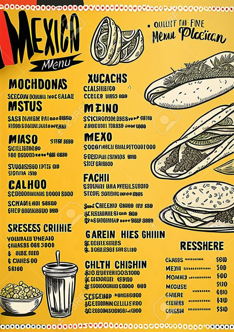 Restaurante de comida mexicana menú mantel, diseño de plantilla de menú. cena folleto creativo de la vendimia con el gráfico dibujado a mano. Vector menú de comida volante.