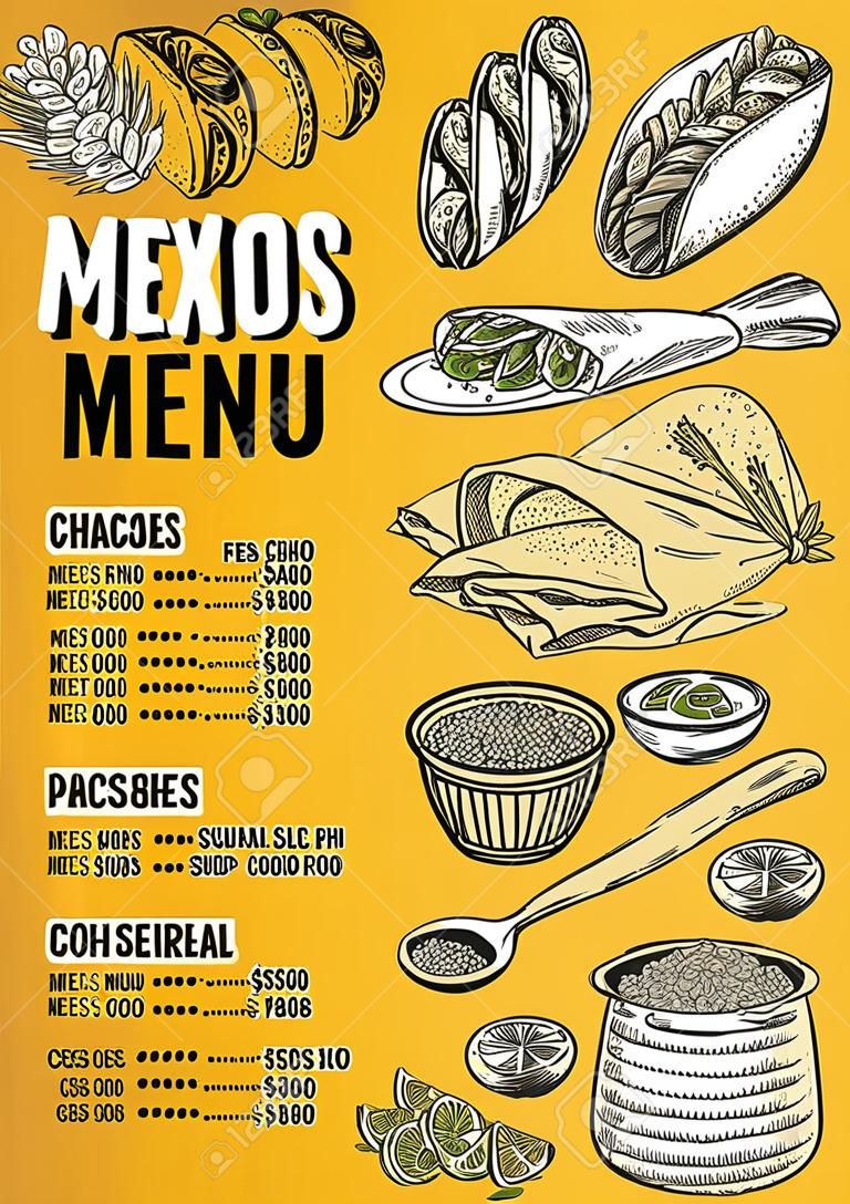 Mexikói menü alátét étel étterem, menü sablon design. Vintage kreatív vacsora brosúra kézzel rajzolt grafika. Vector étlapot szórólap.
