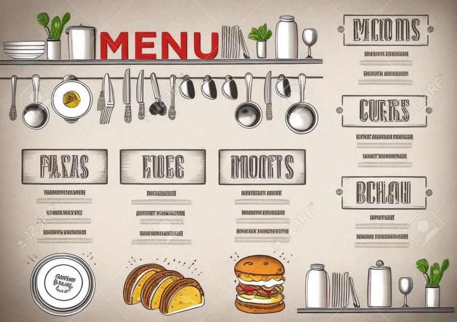 카페 메뉴 음식 플레이스 브로셔, 레스토랑 템플릿 디자인. 손으로 그린 ​​그래픽 크리 에이 티브 빈티지 브런치 안내서.
