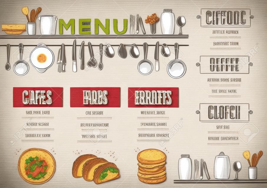 咖啡館的菜單食品餐墊小冊子，餐廳模板設計。創意復古早午餐傳單手繪圖形。