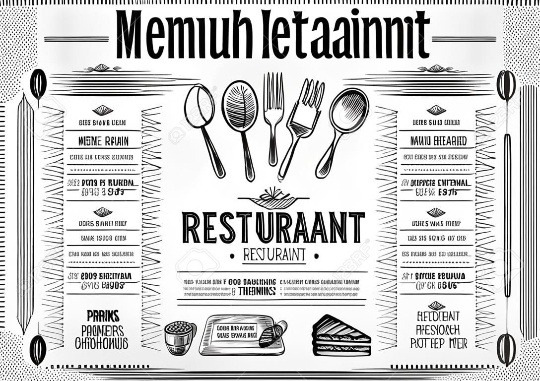 Podkładka menu restauracji jedzenie broszura, kawiarnia szablon. Kreacja rocznika brunch ulotki z rysowane ręcznie grafiki.