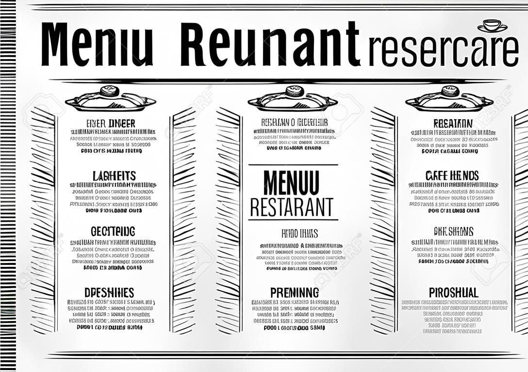 Tovaglietta menù del ristorante brochure cibo, modello di caffè di design. Creativo volantino Brunch vintage con grafica disegnata a mano.