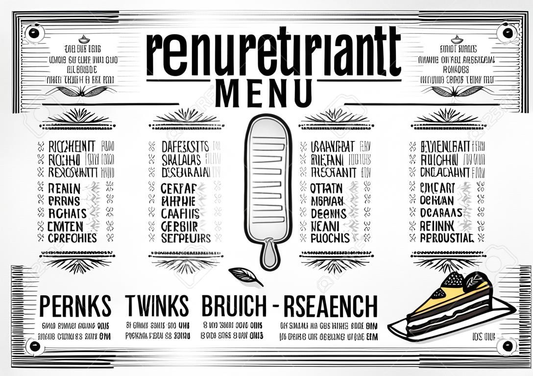 Placemat menü restoran yiyecek broşür, kafe şablon tasarımı. elle çizilmiş grafik ile yaratıcı bağbozumu bir brunch broşürü.