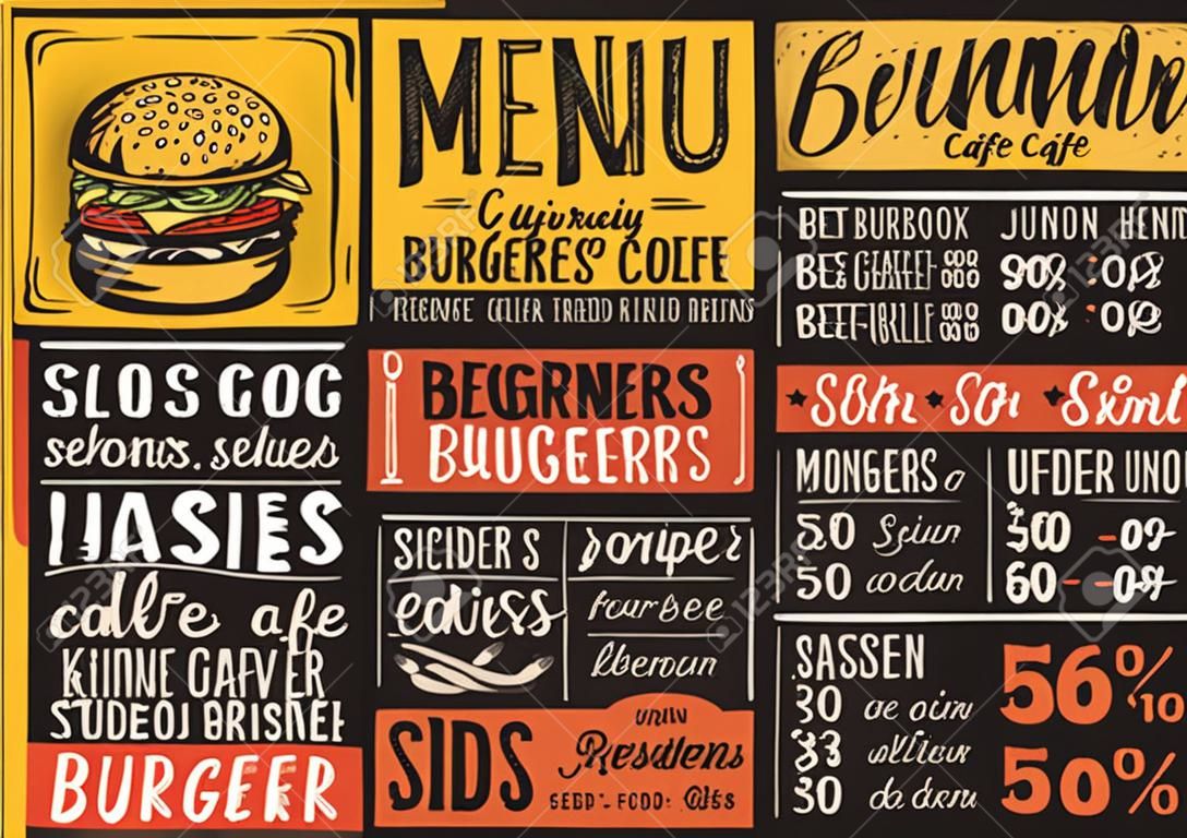 Menú de hamburguesas para restaurante y cafetería. Plantilla de diseño con ilustraciones gráficas dibujadas a mano.