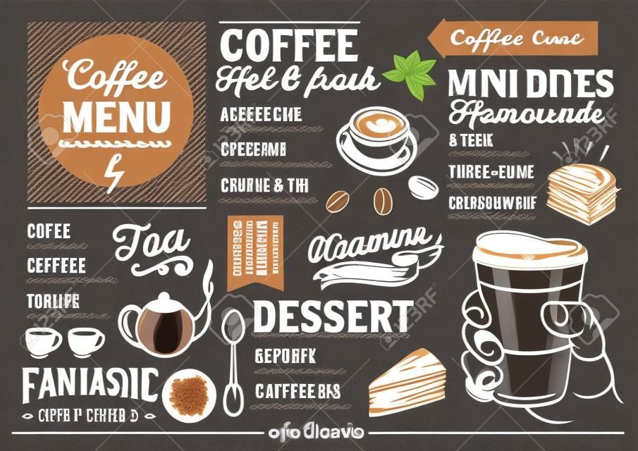 Menu de bebida de café para restaurante e café. Modelo de design com ilustrações gráficas desenhadas à mão.