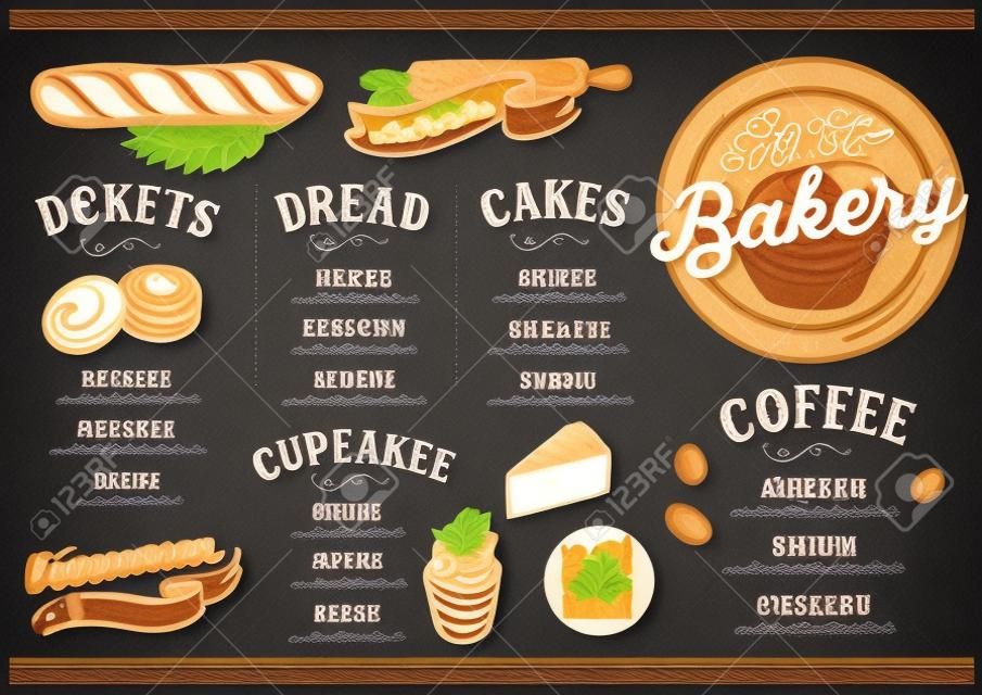 menu de menu de boulangerie pour restaurant et le lait. modèle de conception avec des graphiques de la nourriture dessinés à la main