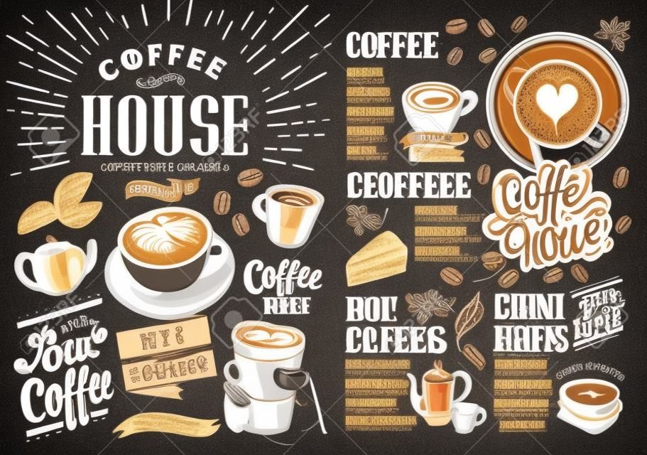 咖啡在黑板上的餐厅菜单。酒吧和咖啡厅喝传单。与老式的手绘食物插图设计模板。