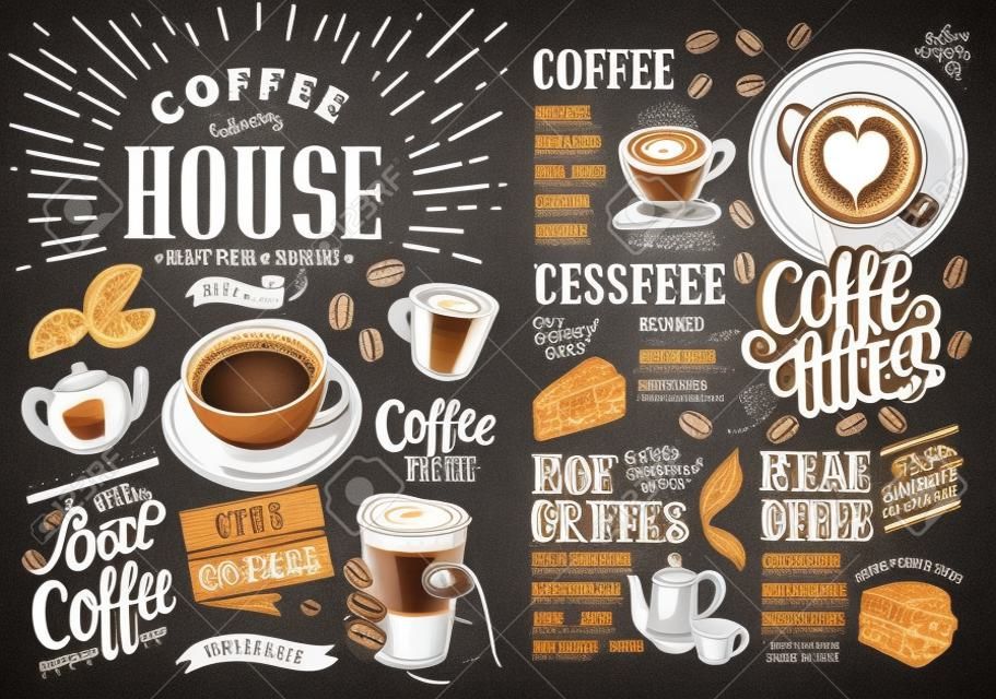 咖啡在黑板上的餐厅菜单。酒吧和咖啡厅喝传单。与老式的手绘食物插图设计模板。