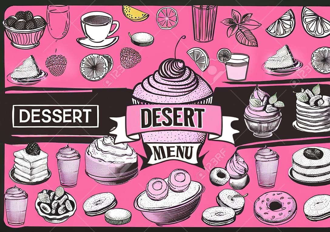 Plantilla de menú de postres para restaurante en un folleto de ilustración de vector de fondo de pizarra para cafetería de comida y bebida.