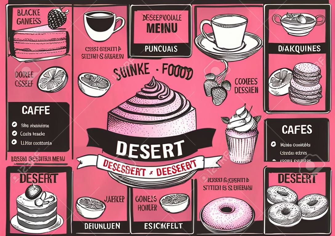 Plantilla de menú de postres para restaurante en un folleto de ilustración de vector de fondo de pizarra para cafetería de comida y bebida.