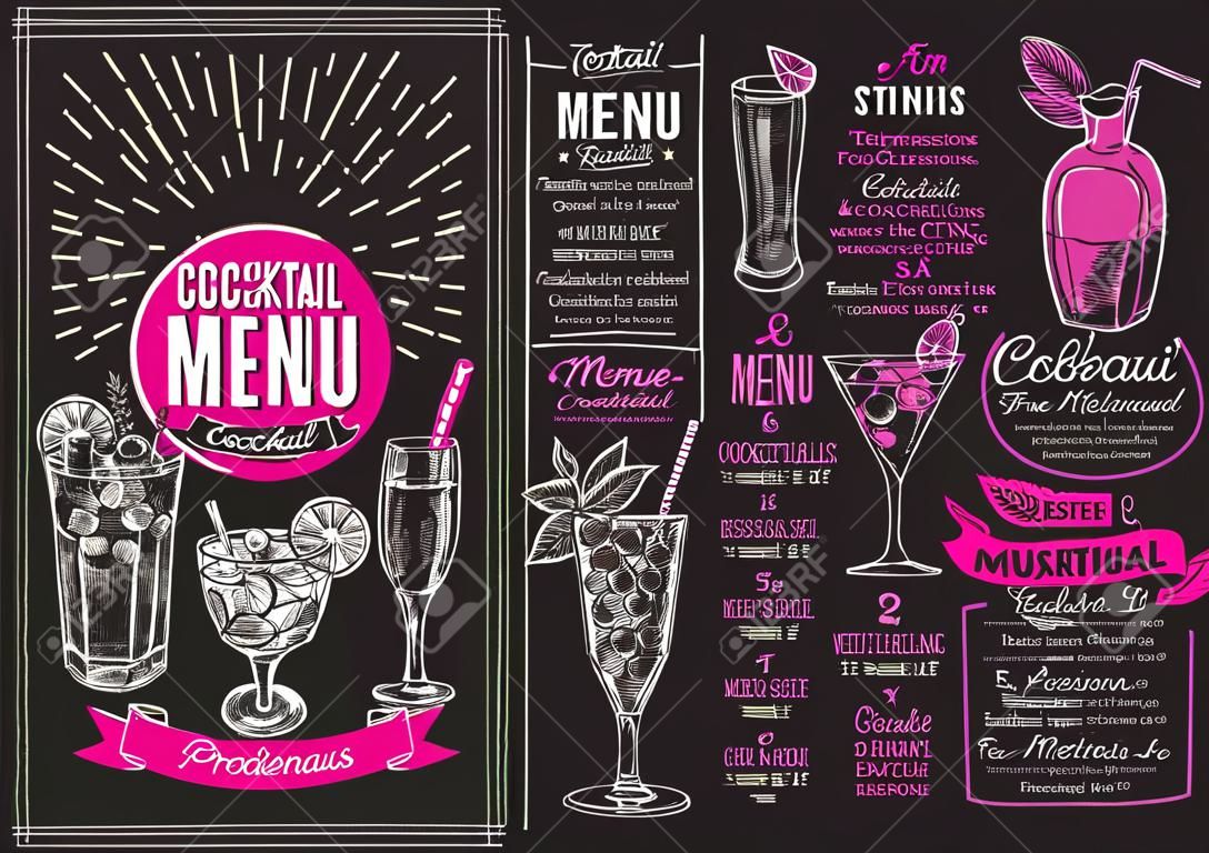 フード&ドリンクバー用の黒板背景ベクトルイラストパンフレットのレストランのためのカクテルメニューテンプレート。ヴィンテージレタリングと落書き手描きグラフィックとデザインレイアウト。