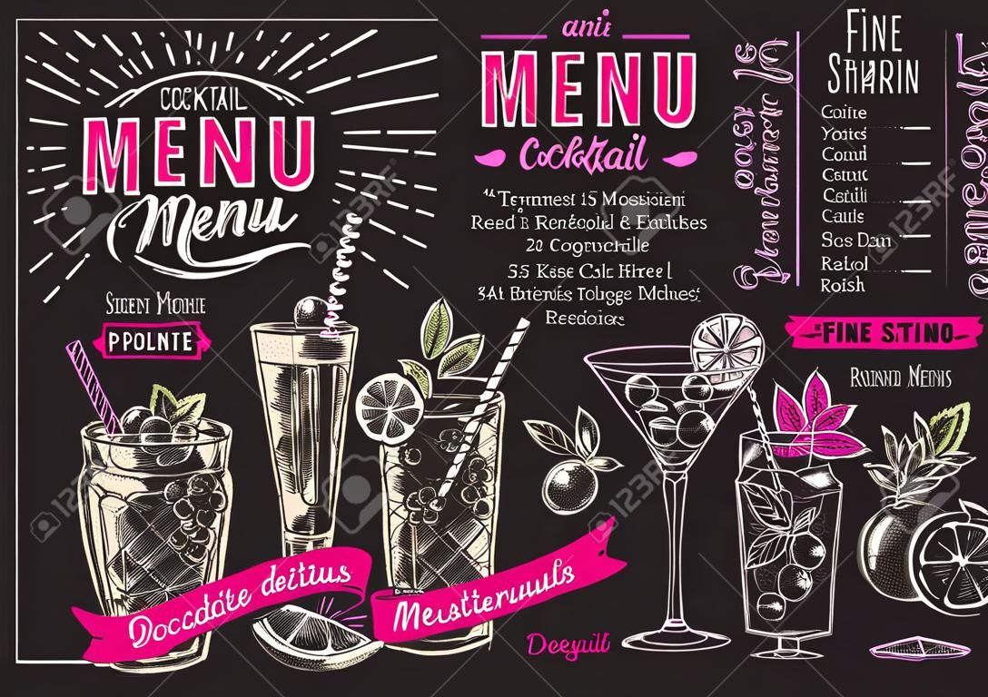 フード&ドリンクバー用の黒板背景ベクトルイラストパンフレットのレストランのためのカクテルメニューテンプレート。ヴィンテージレタリングと落書き手描きグラフィックとデザインレイアウト。