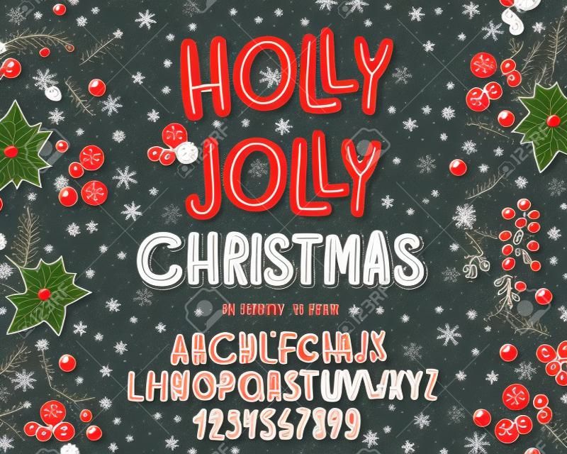 Christmas font. Holiday typography alphabet with season wishes and festive illustrations. Type design for holiday new year celebration. Design background with hand-drawn lettering.