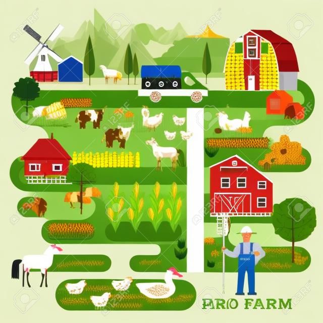 Красивая ферма сцена. Абстрактный карта фермы, с кукурузного поля, сарай, грузовик, пруд с утками, коров, лошадей, свиней и фермера. Элементы, пригодные для сельского хозяйства инфографики. Плоский стиль.