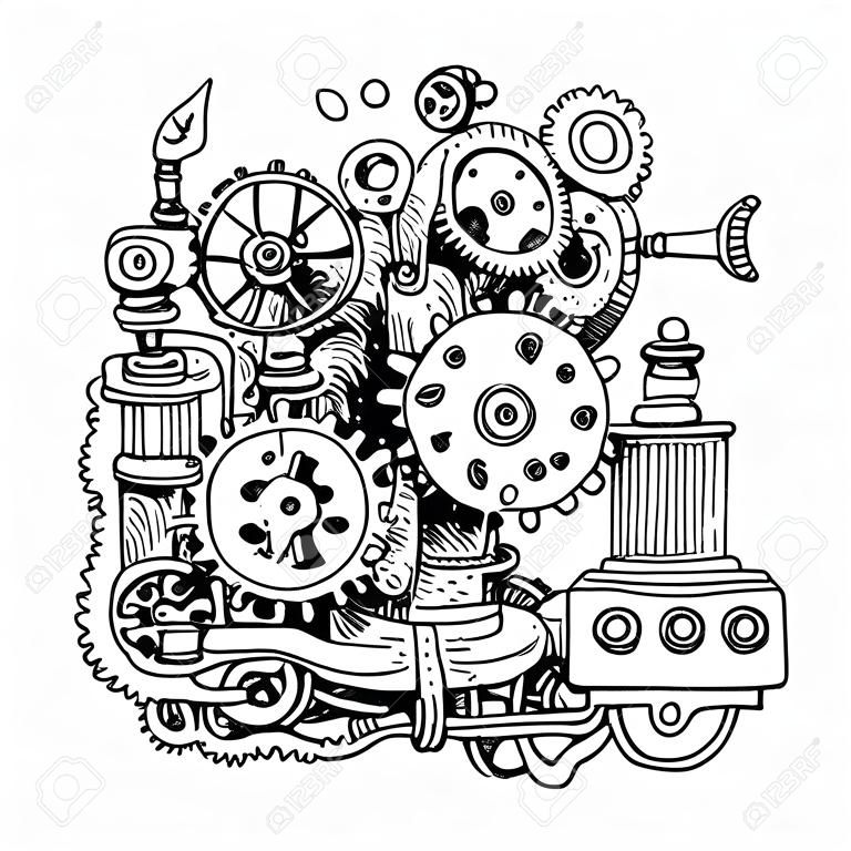 Hermosa mano elaborado mecanismo steampunk boceto. Máquina del tiempo.