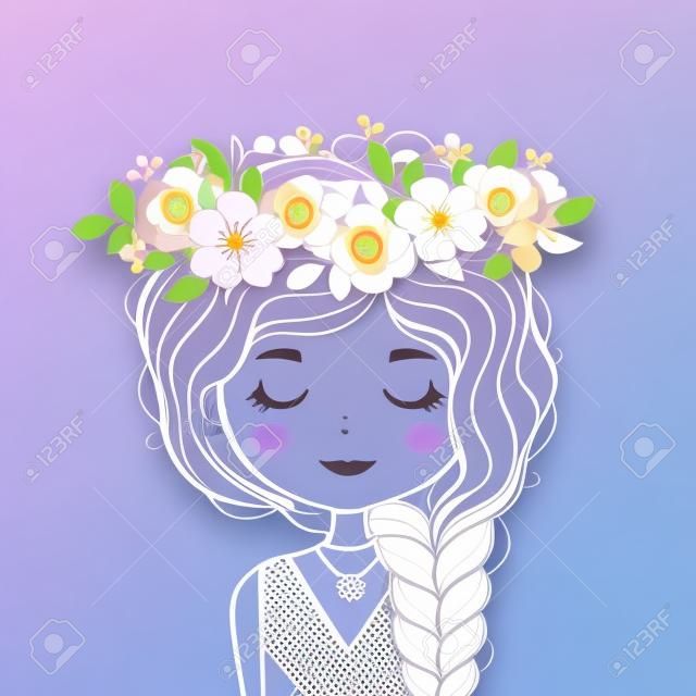 Cute girl in flower wreath. Beautiful girl with braid and flowers. Vector illustration.