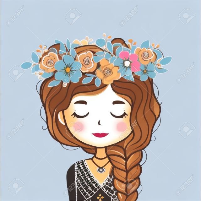 Cute girl in flower wreath. Beautiful girl with braid and flowers. Vector illustration.