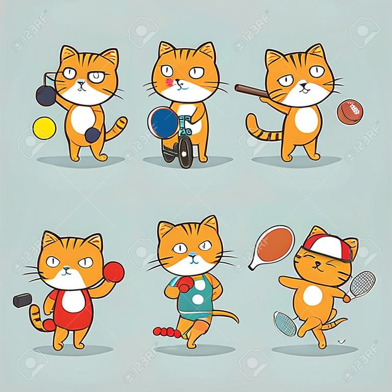 Set of cute cartoon cat character representing different sports: football, baseball, table tennis, cycling, swimming, boxing, running, badminton. Sport and health vector collection