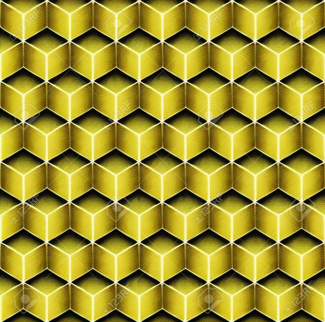 Weißer Würfel mit nahtlosem Muster der goldenen Linien. Sechseckiger Rasterhintergrund der abstrakten Geometrie. Vektor-Illustration