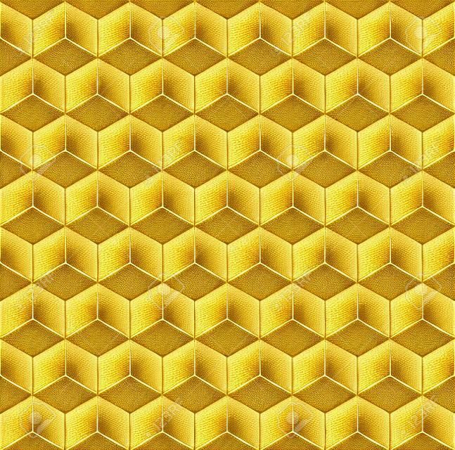 Cubo branco com padrão sem costura de linhas douradas. Fundo de grade hexagonal de geometria abstrata. Ilustração vetorial