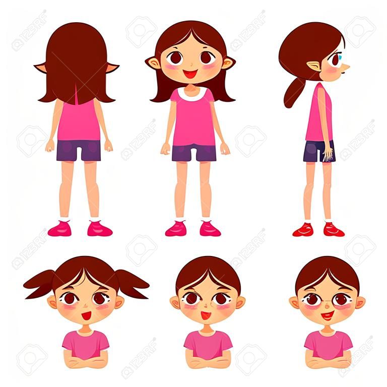 Set di bambina con diverse emozioni. Vista anteriore, posteriore e laterale. Illustrazione vettoriale