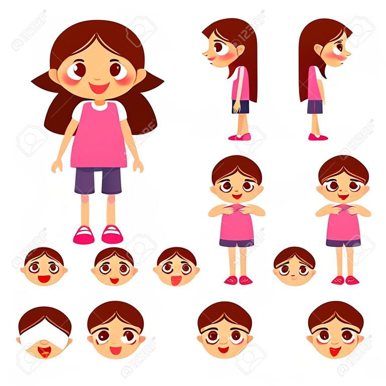 Set di bambina con diverse emozioni. Vista anteriore, posteriore e laterale. Illustrazione vettoriale