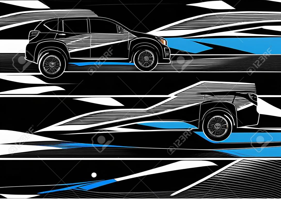 자동차 정복 그래픽 벡터. 차량 비닐 랩 배경에 대한 추상 경주 모양 디자인