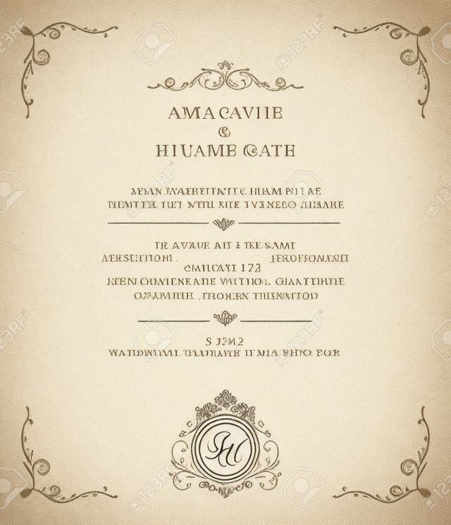 Einladungskarte mit Monogramm. Einladung zur Hochzeit, sparen das Datum. Vintage-Einladungsschablone. Illustration