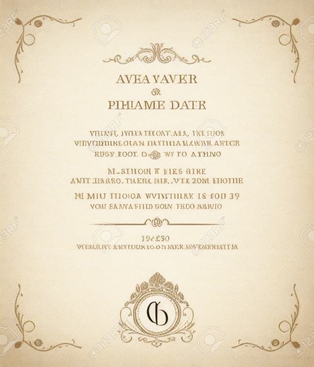 Einladungskarte mit Monogramm. Einladung zur Hochzeit, sparen das Datum. Vintage-Einladungsschablone. Illustration