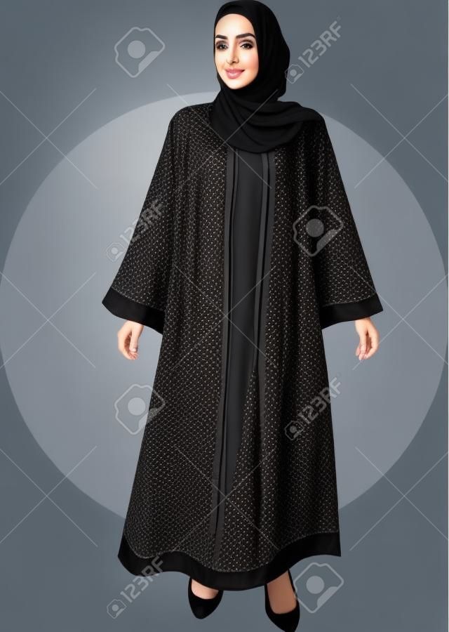 Arabische junge muslimische frau aus den emiraten in der schwarzen schönen abaya und hijab aus den vereinigten arabischen emiraten gesichtslos bestes islamisches modell aus den vae oder saudi-arabien
