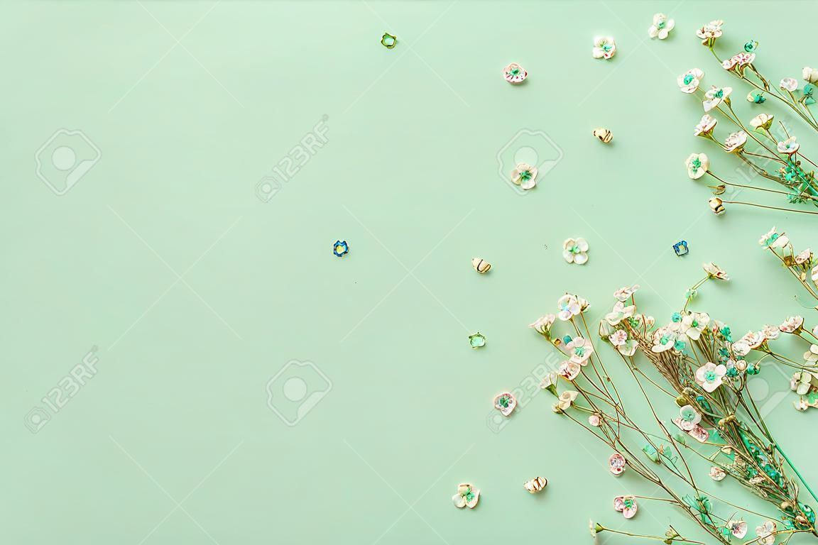 Decoration with gypsophila flowers with copy space on light green background, flat lay